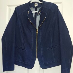 Anne Klein Denim Moto Jacket Gold Zip Buckle Dark Wash Tailored Fit NWOT